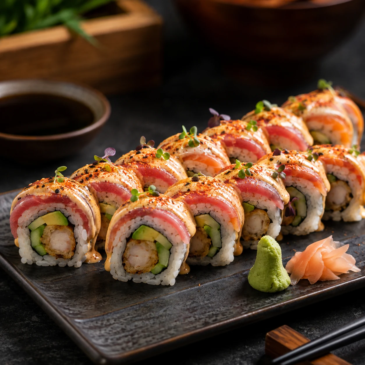Maki acevichado con pescado, palta y salsa acevichada