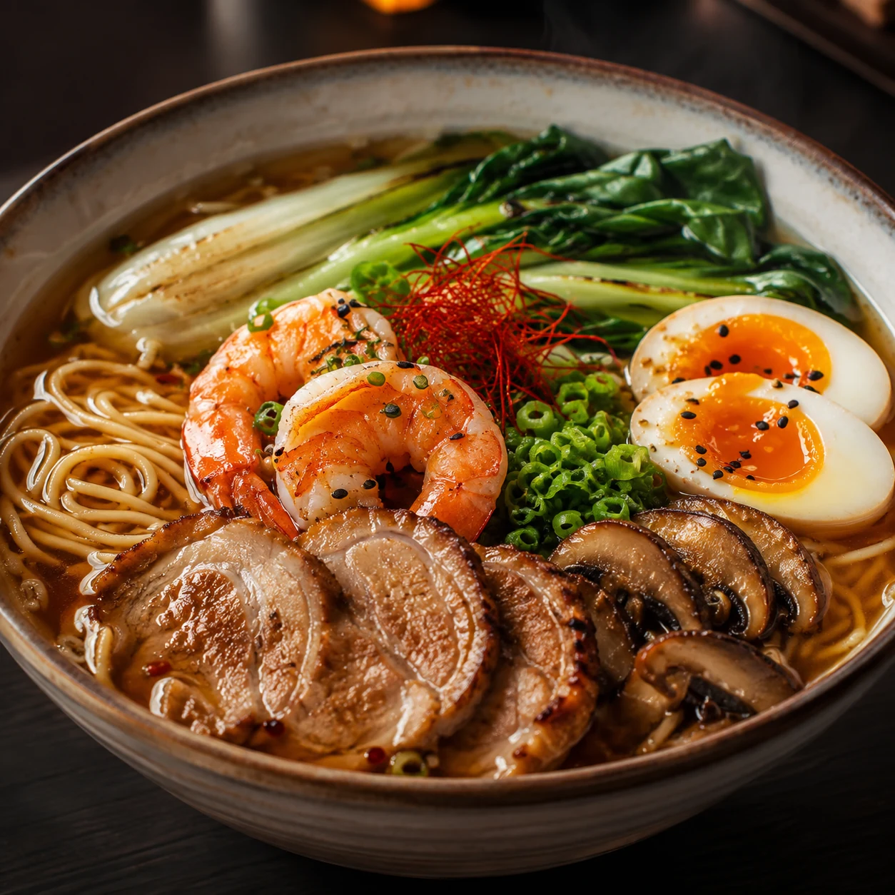Ramen especial con cerdo, langostinos, huevo y vegetales