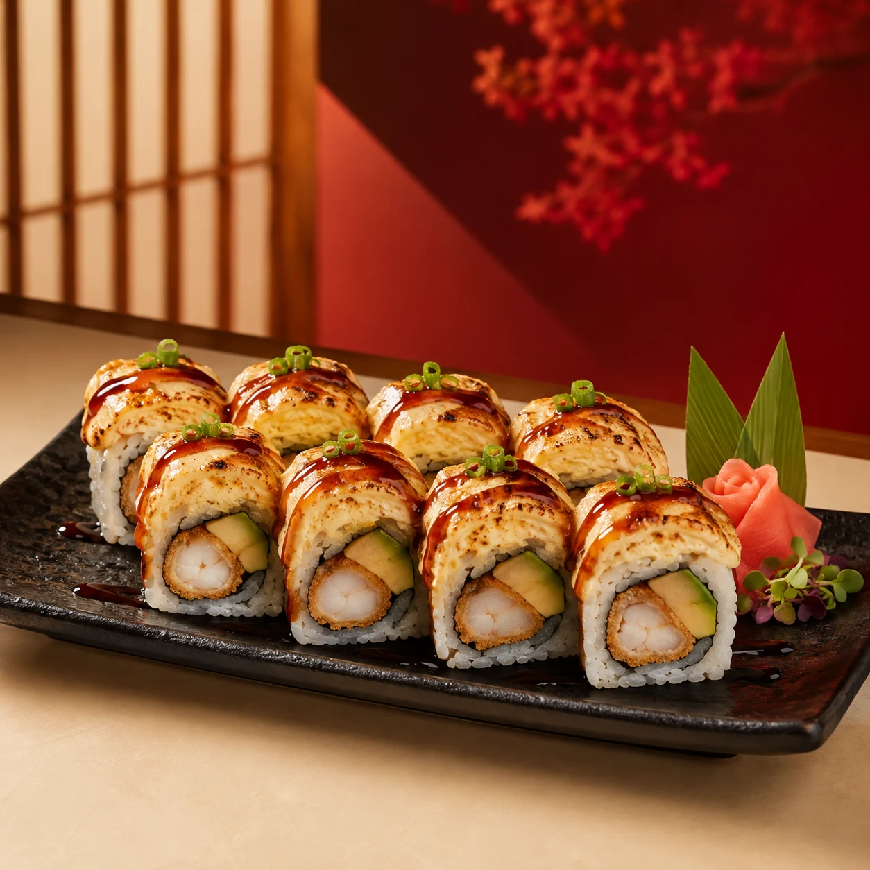Sakura Maki flameado con langostino y palta