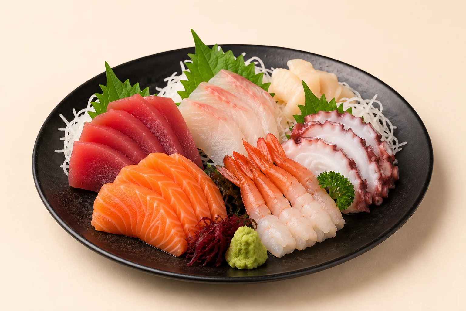 Sashimi mixto de salmón, atún, pescado blanco, pulpo y langostinos